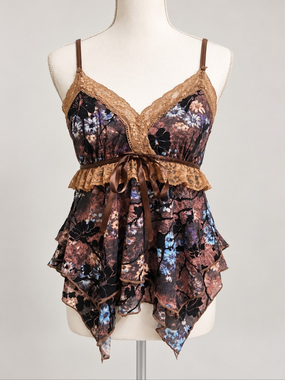Y2K Brown Floral Mesh Lace Babydoll Whimsy Fairy Tank Top
